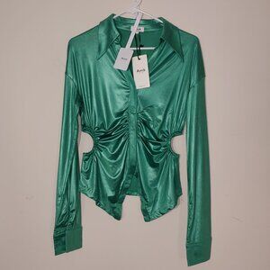 Avra Milano Melissa Collared V-Neck Long Sleeves Green Blouse Size L